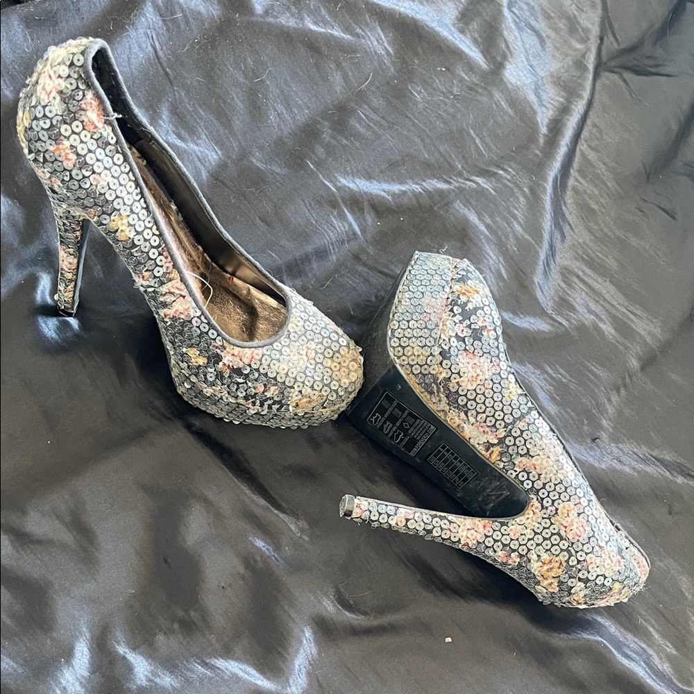 Forever 21 Silver Sequin Platform Heels
